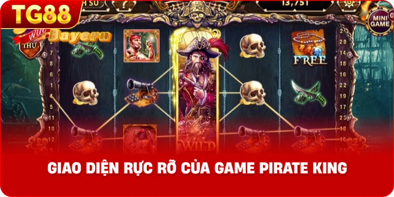 Giao diện rực rỡ của game Pirate King với các biểu tượng rương vàng, đầu lâu và tàu hải tặc trên nền đại dương xanh